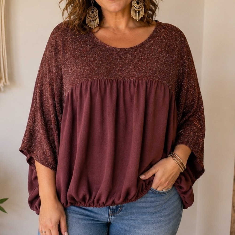 Oddy Boho Glitter Top Women's ML Wine Sparkles Dolman Sleeve Oversized Peasant